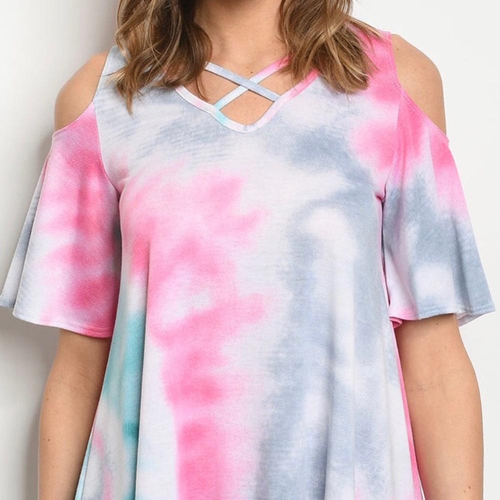 ❌DONATED❌Pink Blue White Tie Dye Cold Shoulder Criss Cross Tunic Top - Picture 2 of 9